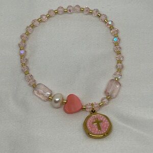 Pink Beaded Bracelet with Heart and Cross Charm